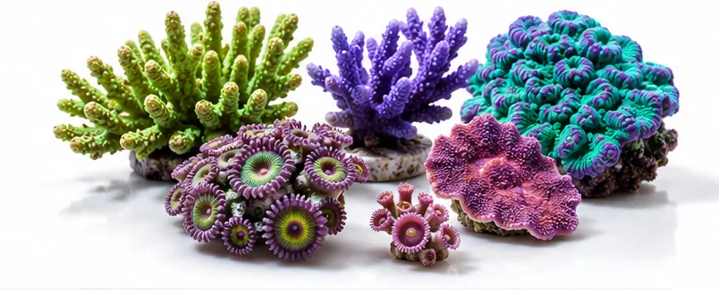 A group of brightly coloured aquacultured corals